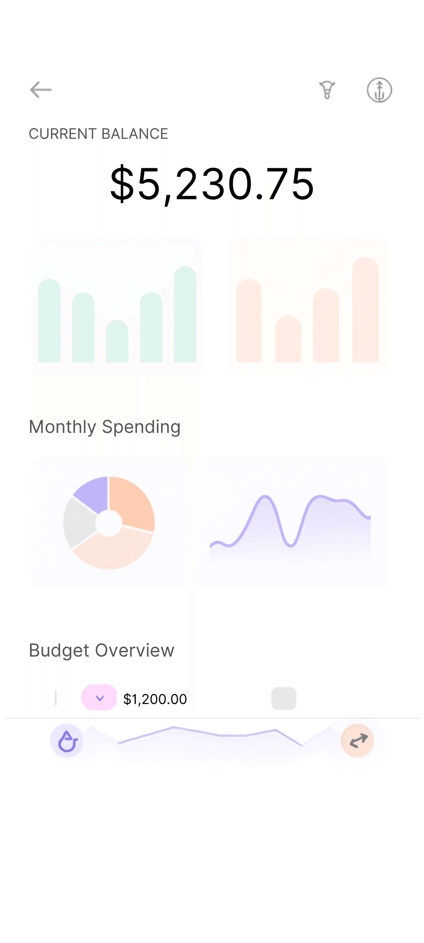 Budgt dashboard screen showing current balance and monthly spending charts